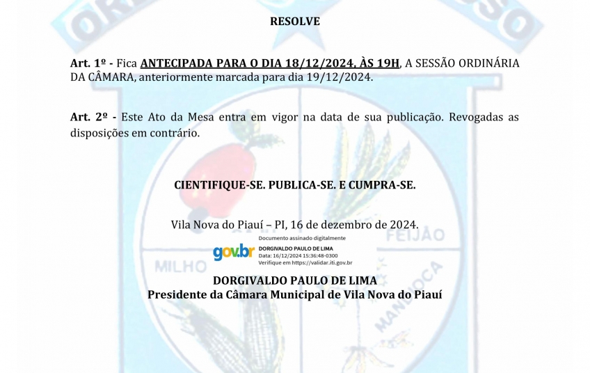 Câmara de Vila Nova comunica antecipação de sessão através de ato de mesa 007/2024